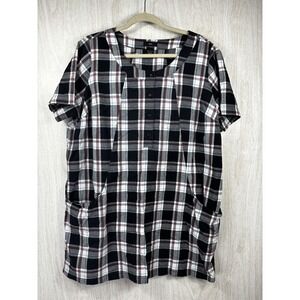 Ellos Cotton Plaid‎ Tunic Top Black Pink Blue Pocketed Casual Lagenlook Large